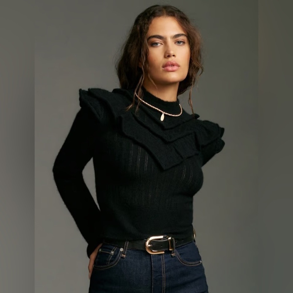 Anthropologie Victoria Cashmere Floral Ruffle Sweater Black Size XXS